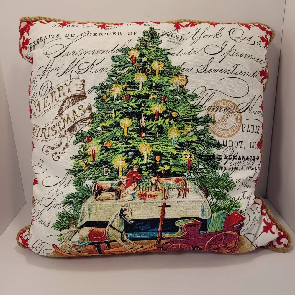 Christmas Tree Throw Pillow Cover Jute Trim‎ 17x17 Holiday Decor